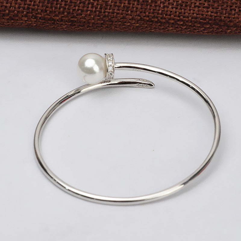 S925 Silver Solid Pearl Bangle Setting-Feliz Pearl - Feliz Pearl 