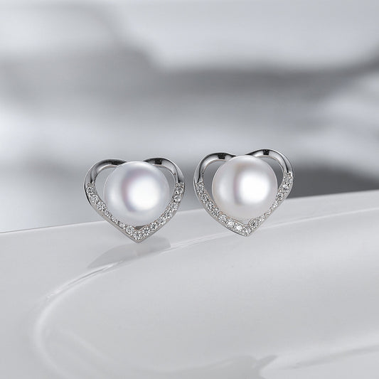 Wholesale S925 Sterling Silver Lovely Cubic Zirconia Heart Pearl Earring Mounting - Feliz Pearl 