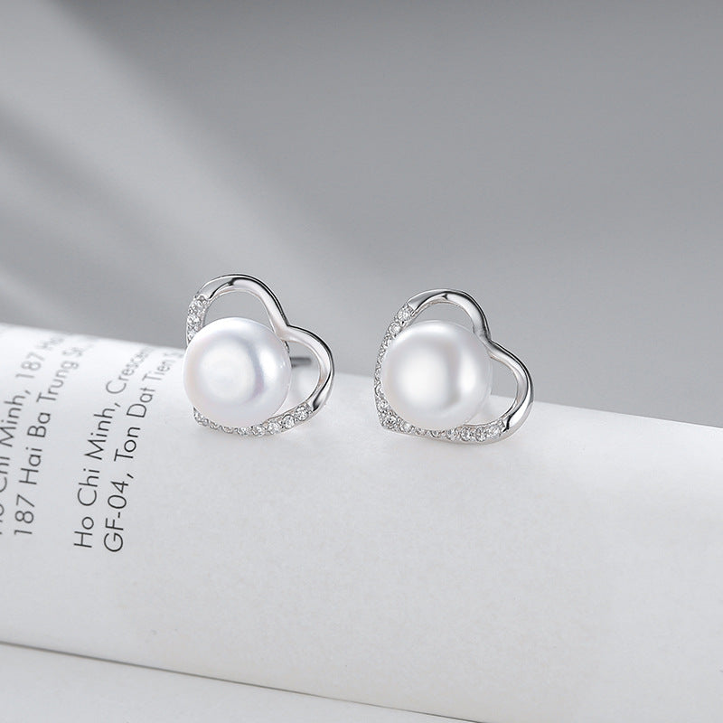 Wholesale S925 Sterling Silver Lovely Cubic Zirconia Heart Pearl Earring Mounting - Feliz Pearl 