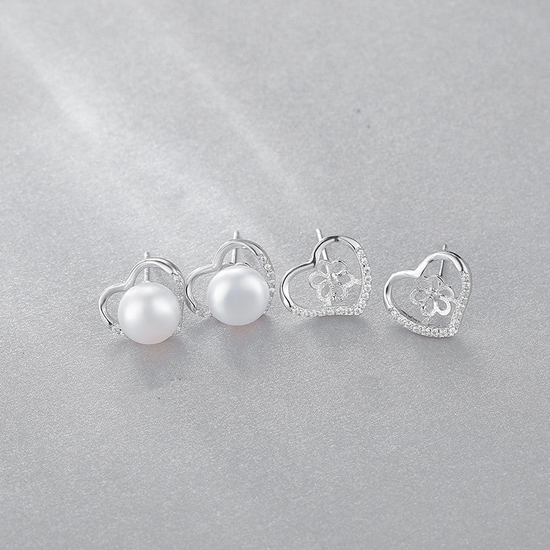 Wholesale S925 Sterling Silver Lovely Cubic Zirconia Heart Pearl Earring Mounting - Feliz Pearl 