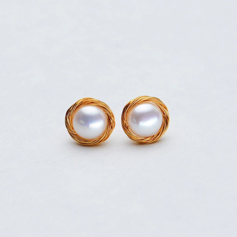 Handmade 9-10mm Bird Nest Pearl Stud Earring - Feliz Pearl 