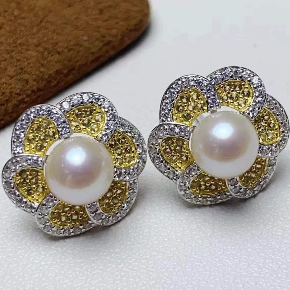 CZ Luxury Flower Stud Pearl Earring Settings-Feliz Pearl - Feliz Pearl 