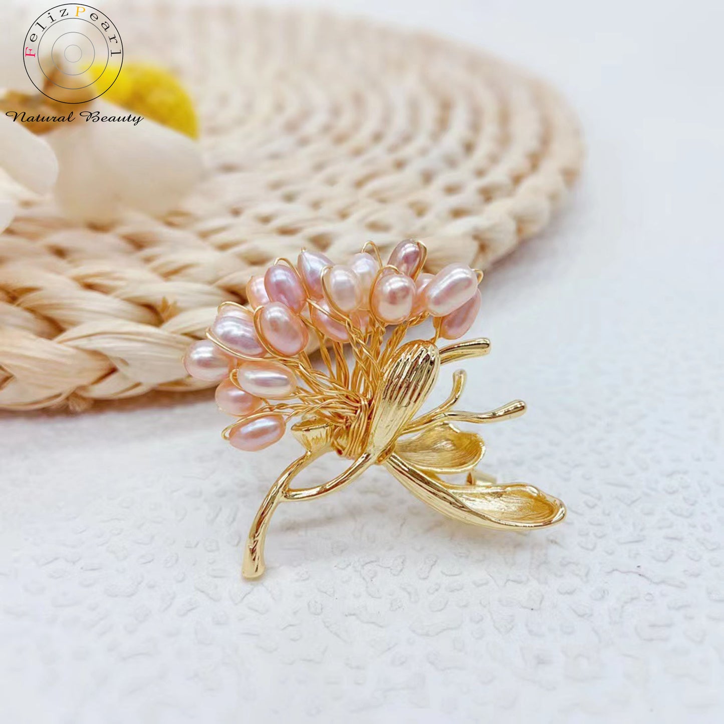 Blossom. Gold Plated Pearl Brooche - Feliz Pearl 