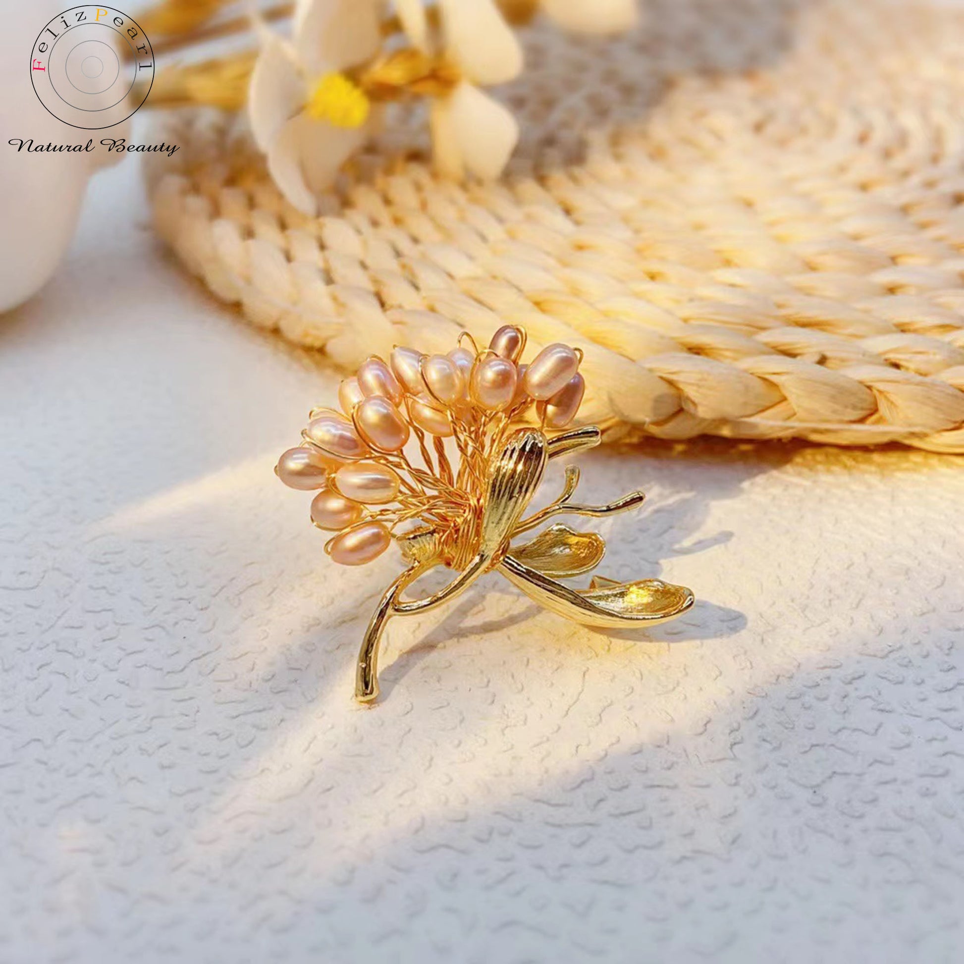 Blossom. Gold Plated Pearl Brooche - Feliz Pearl 