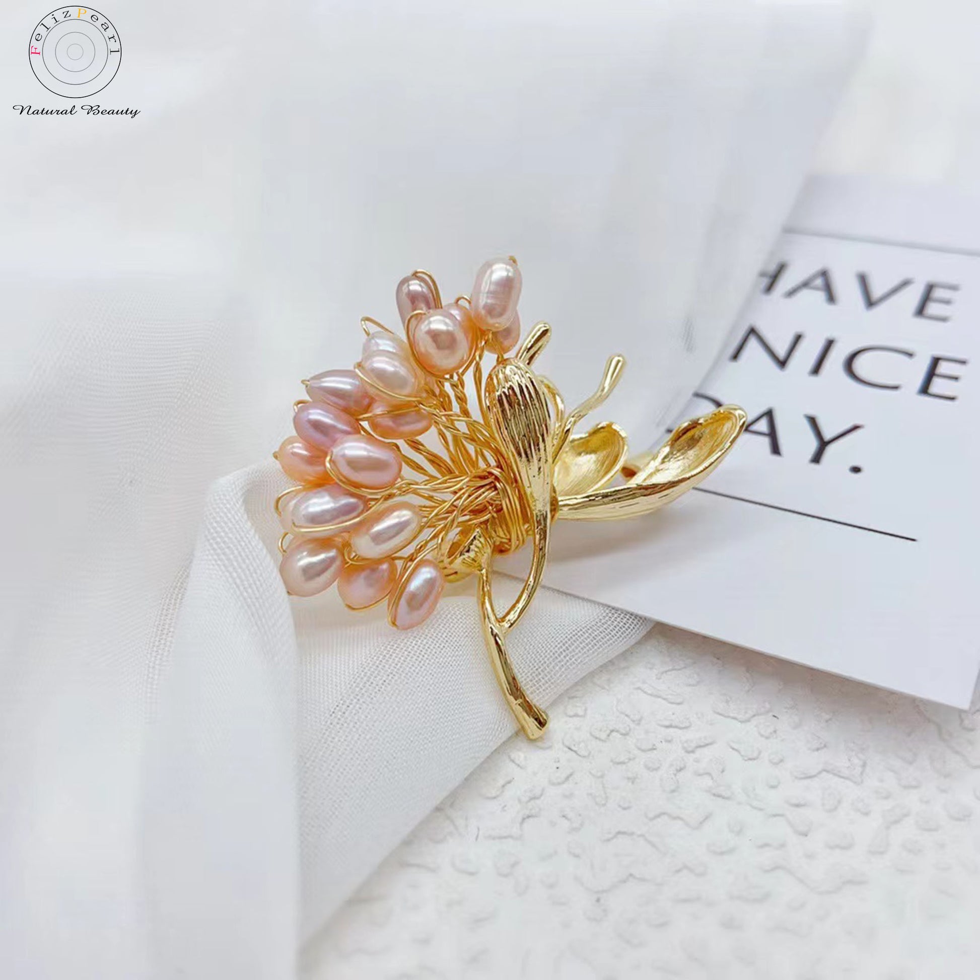 Blossom. Gold Plated Pearl Brooche - Feliz Pearl 