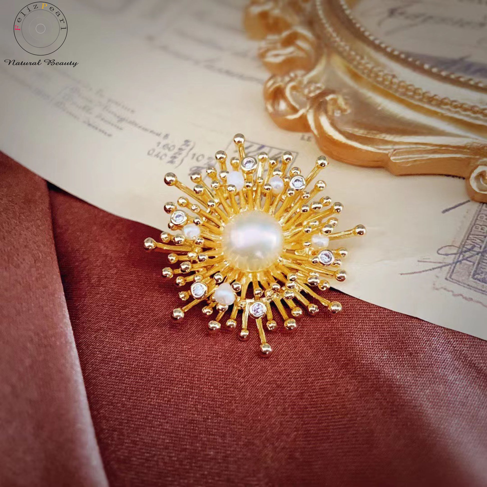 Cubic Zirconia Dandelion. Copper Pearl Brooch Gift - Feliz Pearl 