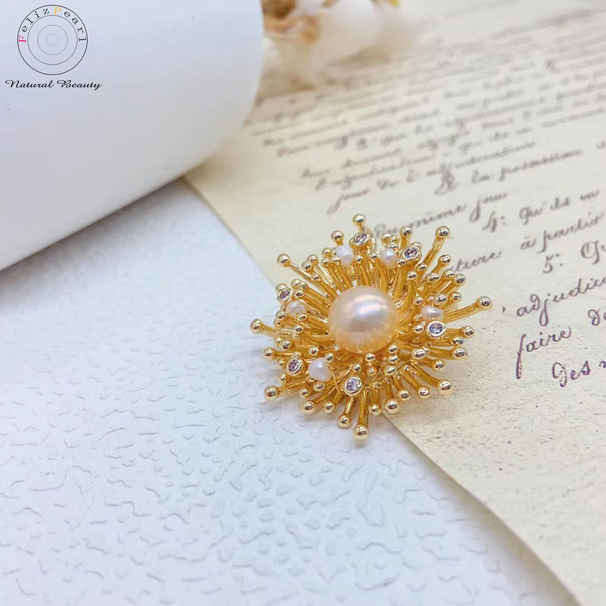 Cubic Zirconia Dandelion. Copper Pearl Brooch Gift - Feliz Pearl 