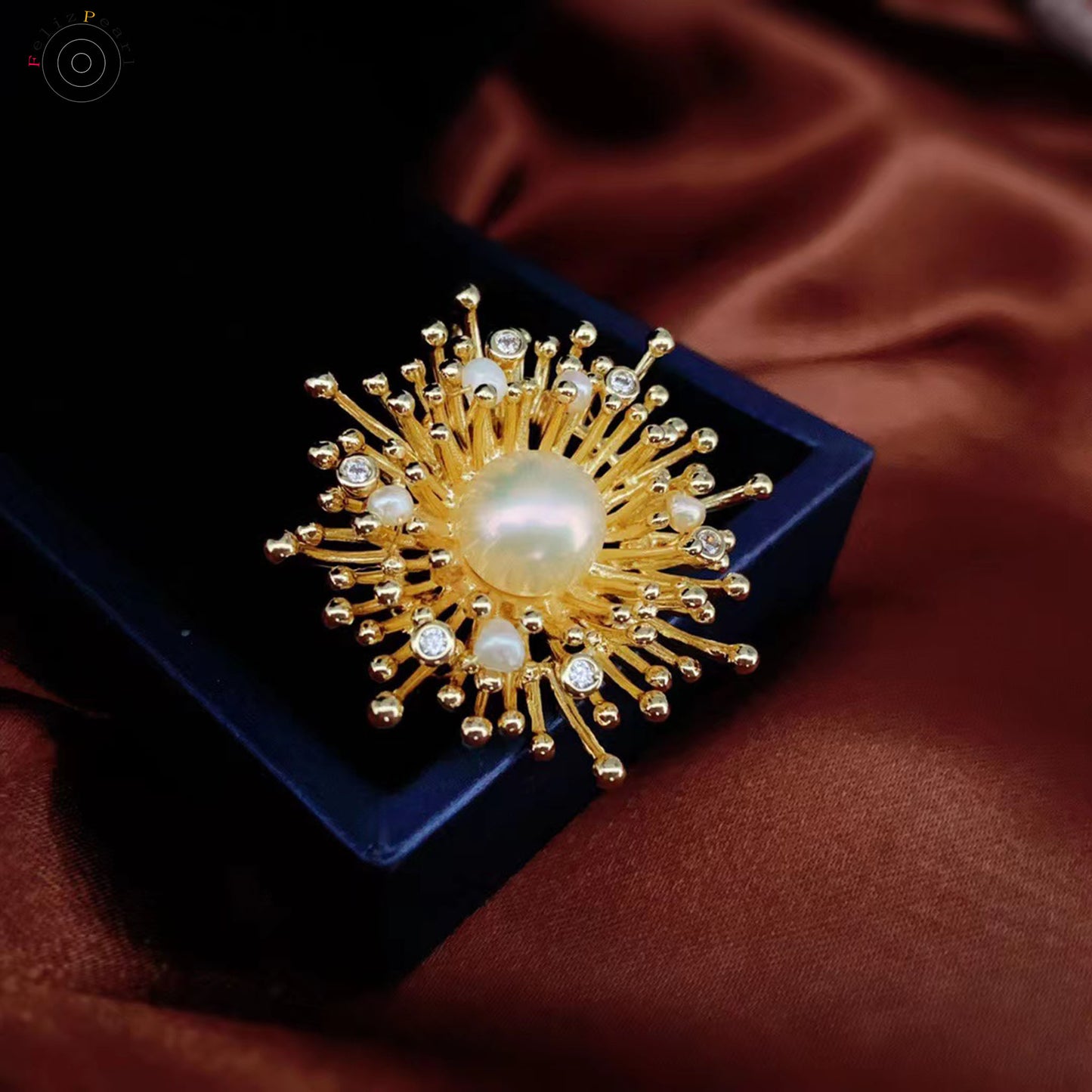 Cubic Zirconia Dandelion. Copper Pearl Brooch Gift - Feliz Pearl 