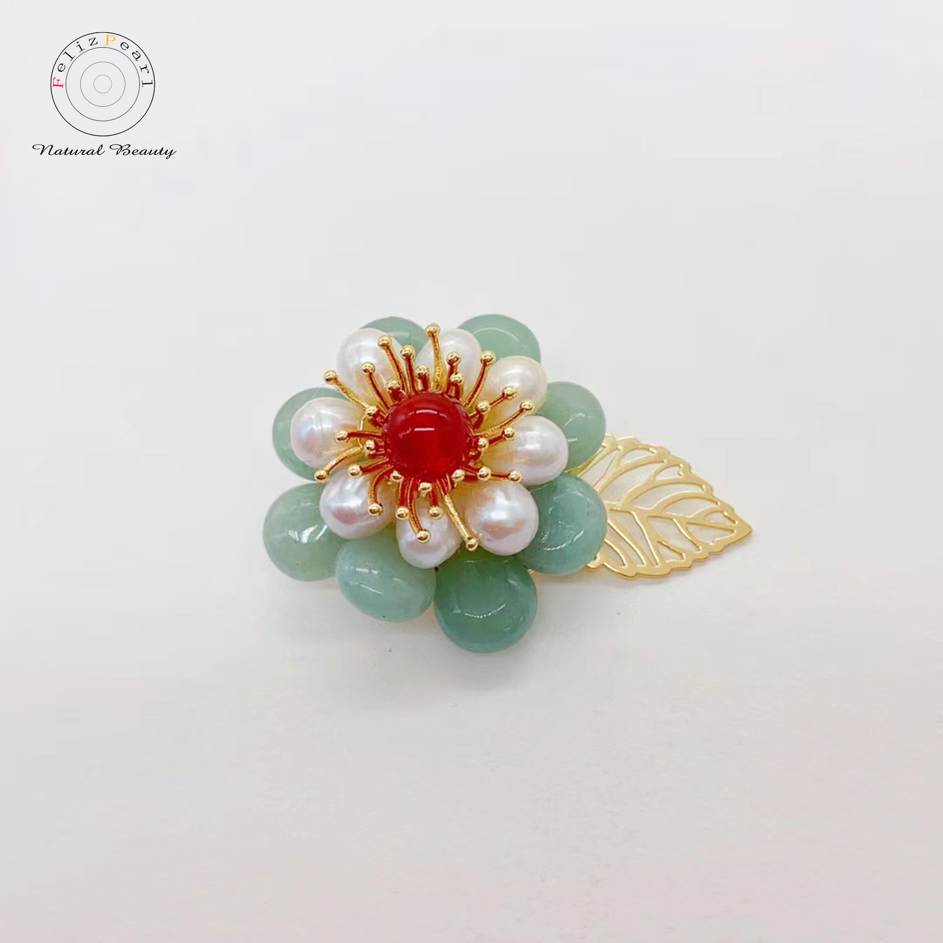 Asian Style. Green Aventurine Pearl Brooch - Feliz Pearl 