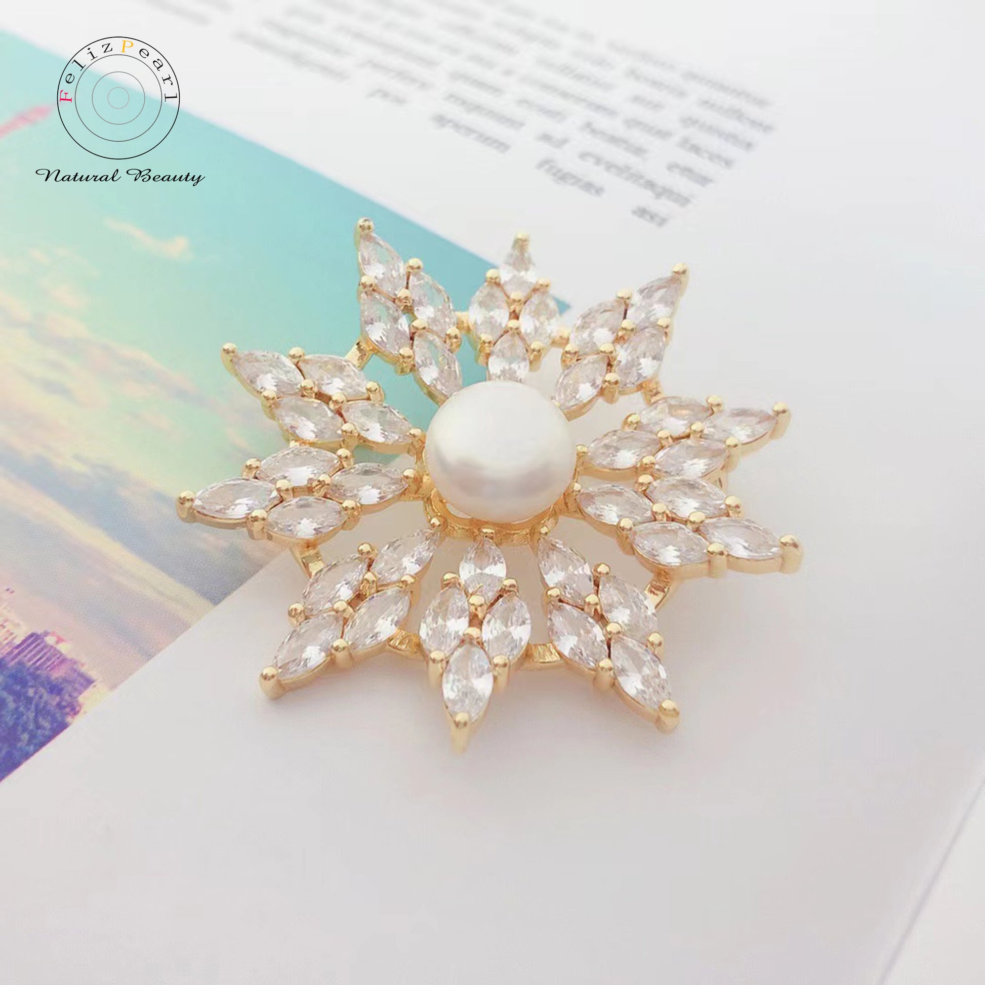 Christmas Gift. Copper Cubic Zirconia Snow Flake Pearl Brooch - Feliz Pearl 