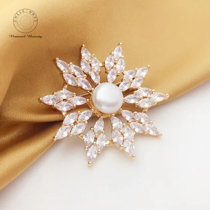 Christmas Gift. Copper Cubic Zirconia Snow Flake Pearl Brooch - Feliz Pearl 