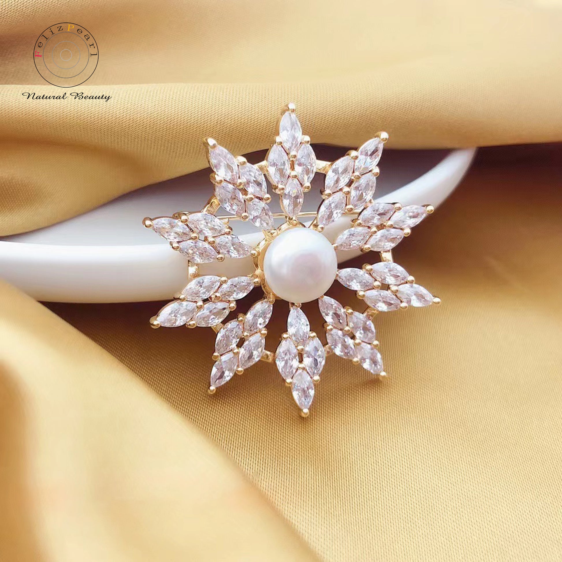 Christmas Gift. Copper Cubic Zirconia Snow Flake Pearl Brooch - Feliz Pearl 