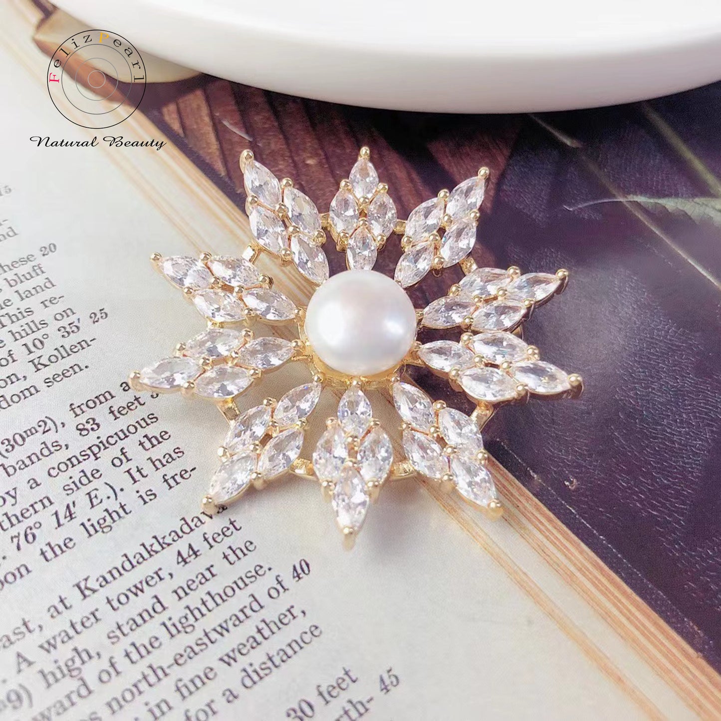 Christmas Gift. Copper Cubic Zirconia Snow Flake Pearl Brooch - Feliz Pearl 