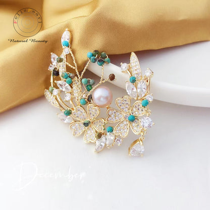 Elegant Turquoise Laurel Pearl Brooch - Feliz Pearl 