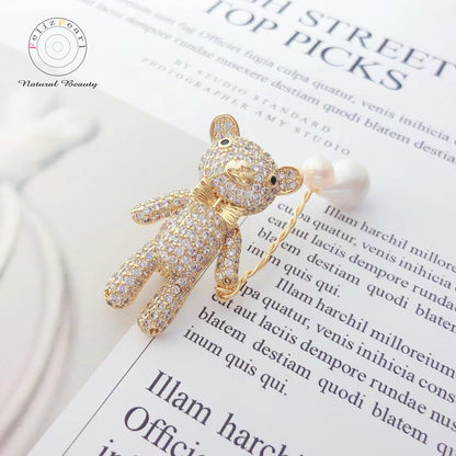 Childhood Memory. Naughty Cubic Zirconia Bear Pearl Brooch - Feliz Pearl 