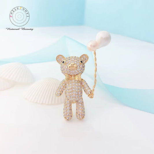 Childhood Memory. Naughty Cubic Zirconia Bear Pearl Brooch - Feliz Pearl 