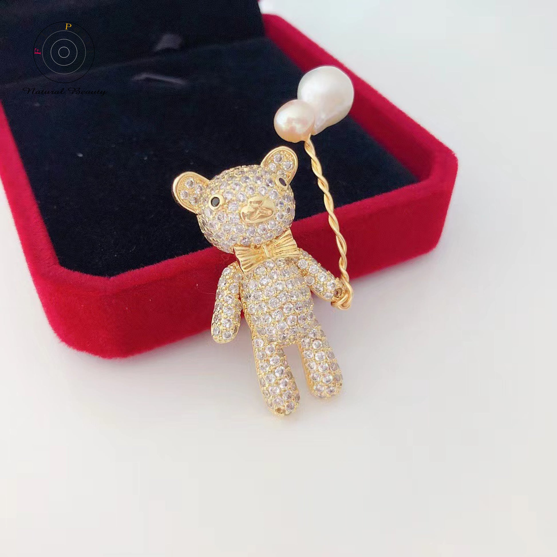 Childhood Memory. Naughty Cubic Zirconia Bear Pearl Brooch - Feliz Pearl 