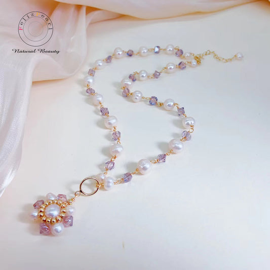 Purple Crystal Flower Authentic Pearl Necklace - Feliz Pearl 