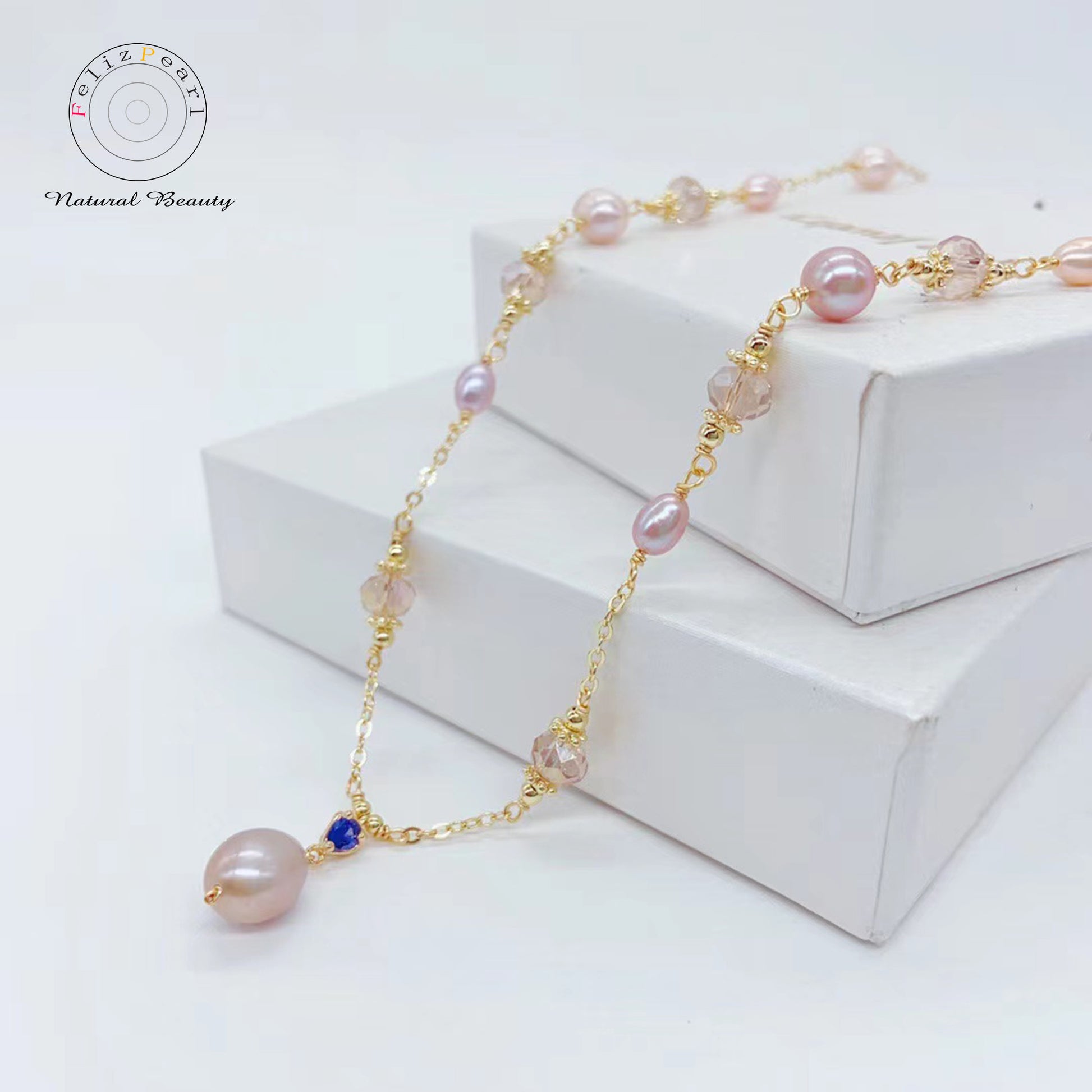 Galaxy Pink Crystal Pearl Necklace - Feliz Pearl 