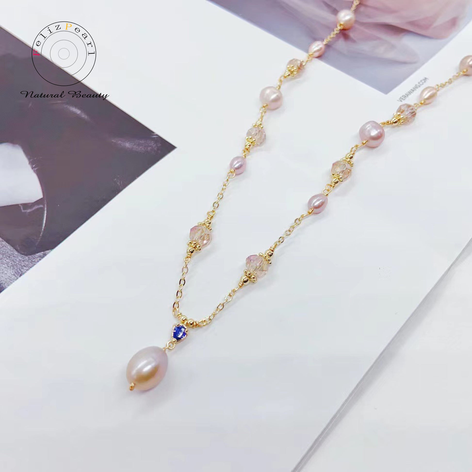 Galaxy Pink Crystal Pearl Necklace - Feliz Pearl 