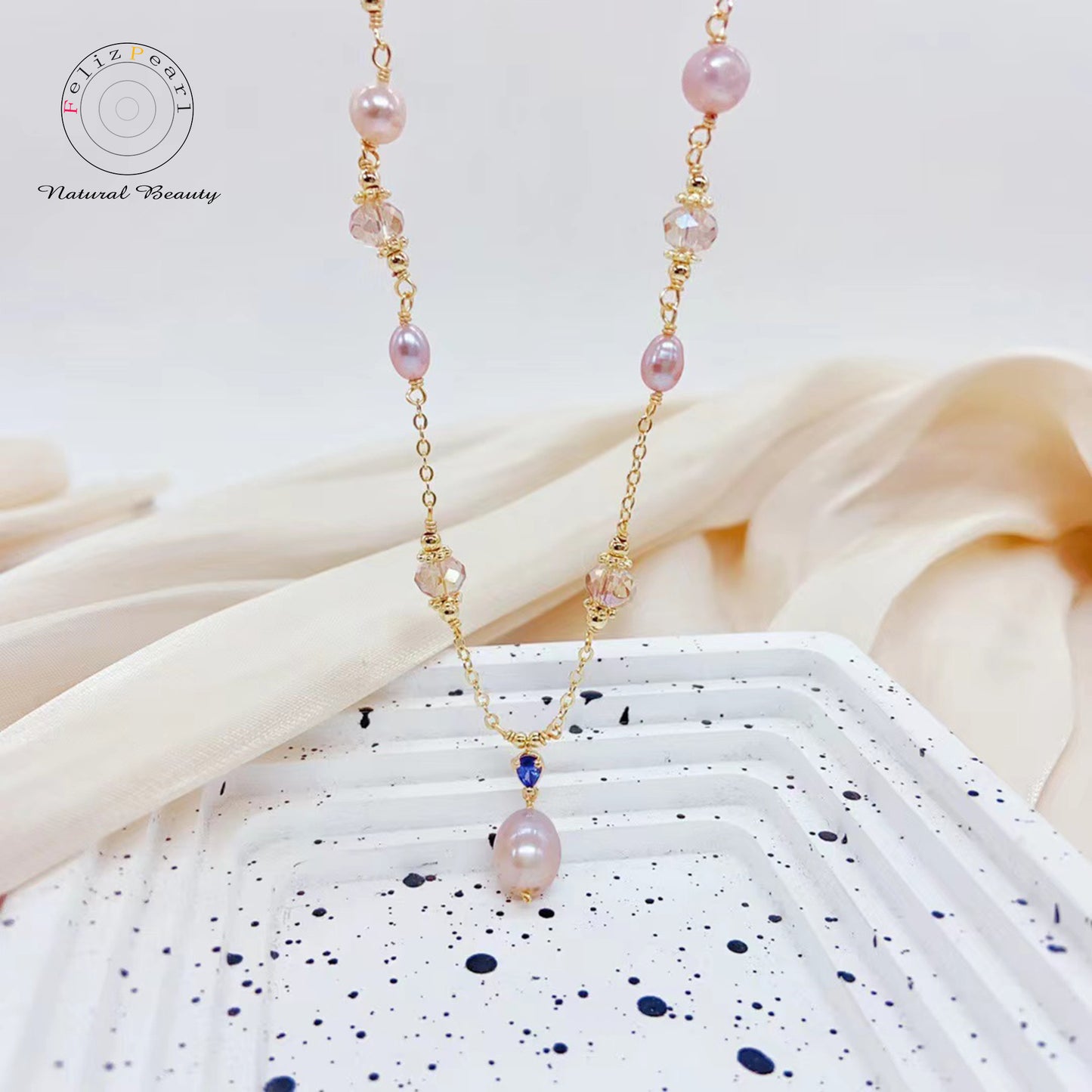 Galaxy Pink Crystal Pearl Necklace - Feliz Pearl 