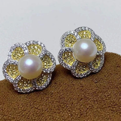 CZ Luxury Flower Stud Pearl Earring Settings-Feliz Pearl - Feliz Pearl 