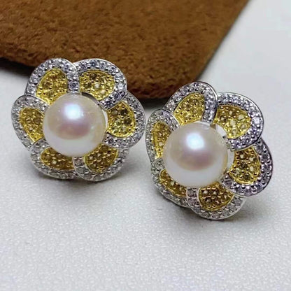 CZ Luxury Flower Stud Pearl Earring Settings-Feliz Pearl - Feliz Pearl 