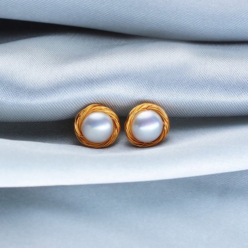 Handmade 9-10mm Bird Nest Pearl Stud Earring - Feliz Pearl 