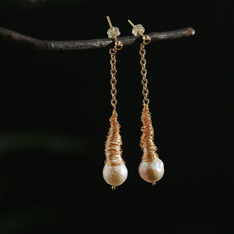 Gold filled baroque twisted pearl dangle earring