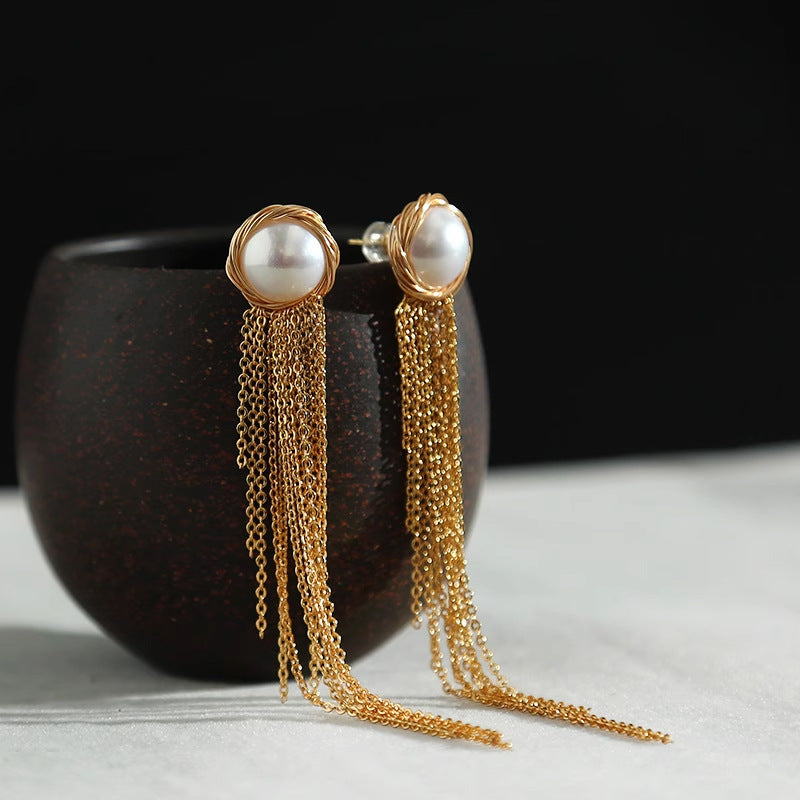 Freshwater Button Pearl Tassel Earring