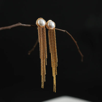 Freshwater Button Pearl Tassel Earring