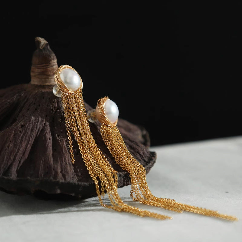 Freshwater Button Pearl Tassel Earring