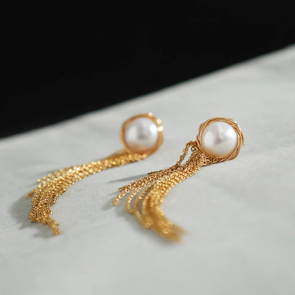 Freshwater Button Pearl Tassel Earring