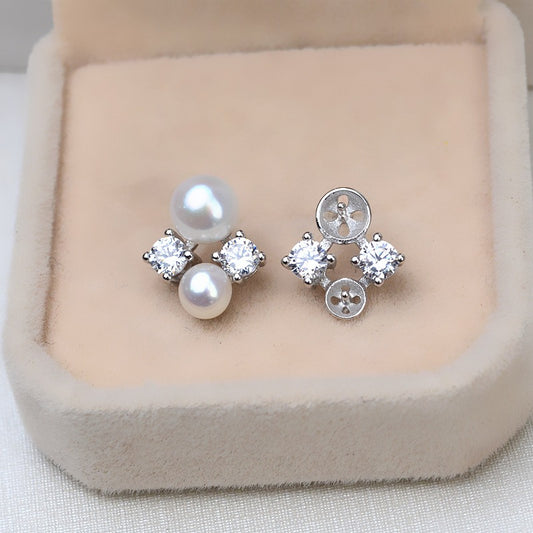 Women Silver CZ Flower Pearl Stud Earring DIY Setting