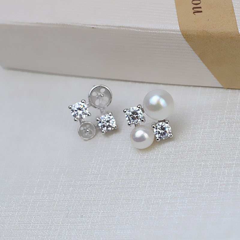 Women Silver CZ Flower Pearl Stud Earring DIY Setting