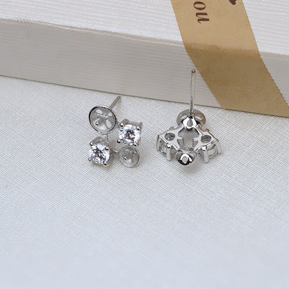 Women Silver CZ Flower Pearl Stud Earring DIY Setting