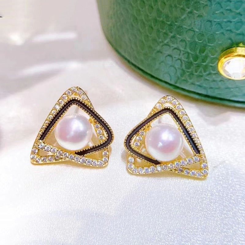  Luxury Triangle CZ Pearl Stud Earring Setting 