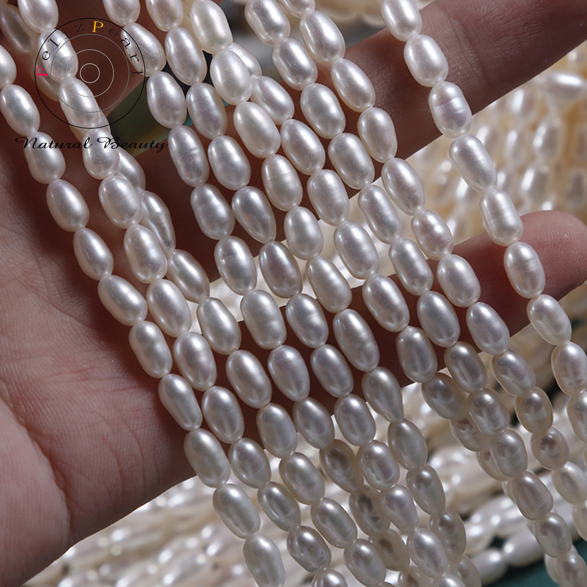 4mm long rice shape white pearl strands